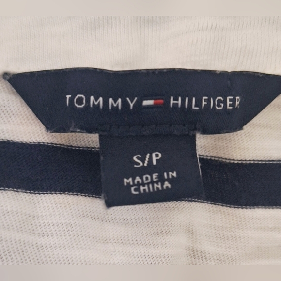 Tommy Hilfiger navy & ivory striped lace up pullover sz S/P #1447 - Picture 5 of 9